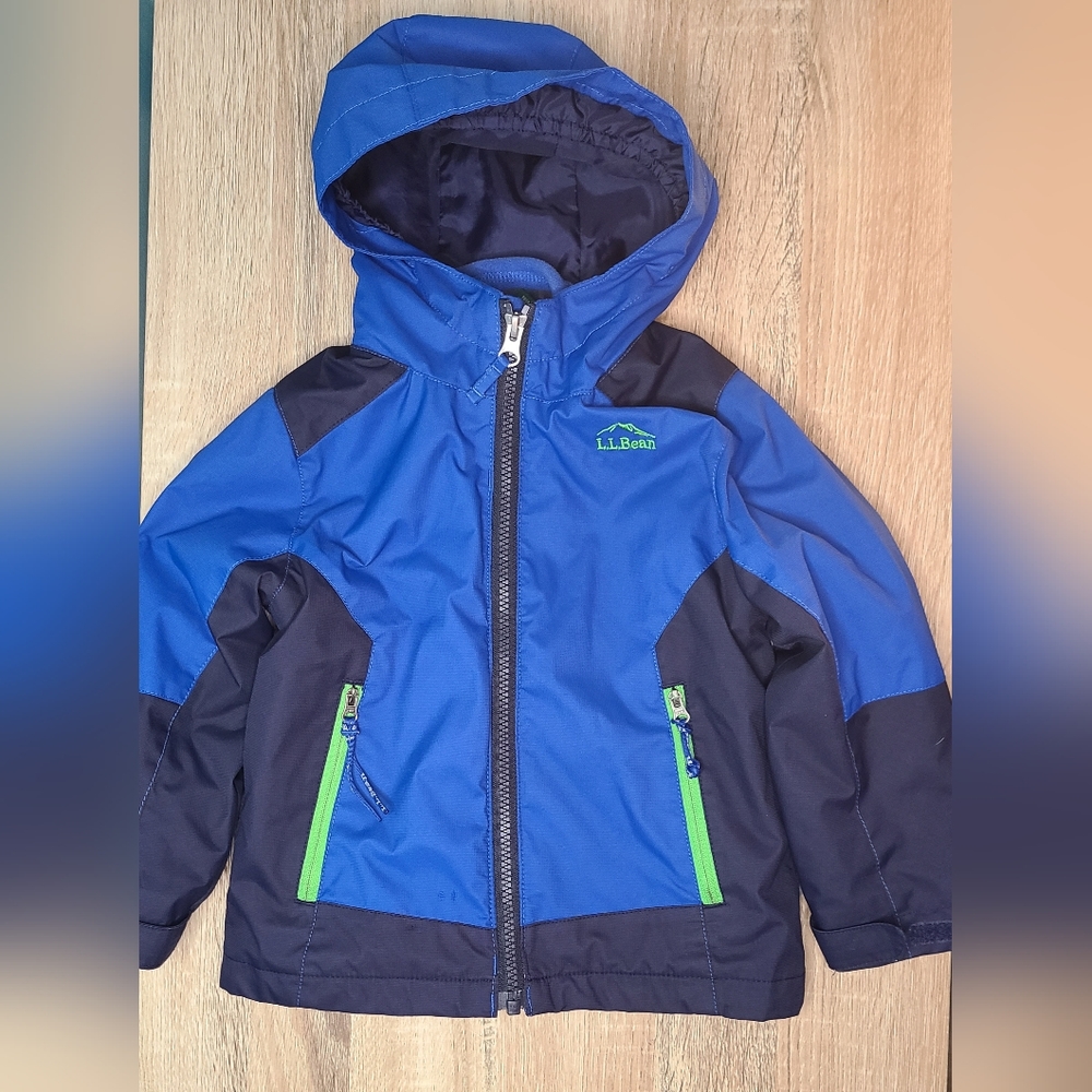 L.L. Bean Blue and Black Kids Hooded Jacket with Lime Accents